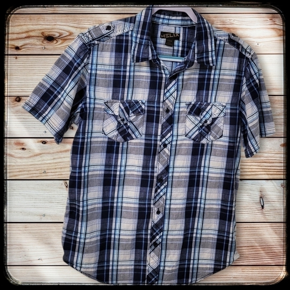 HELIX Button Down Short Sleeve Blue Plaid Western Unisex Shirt